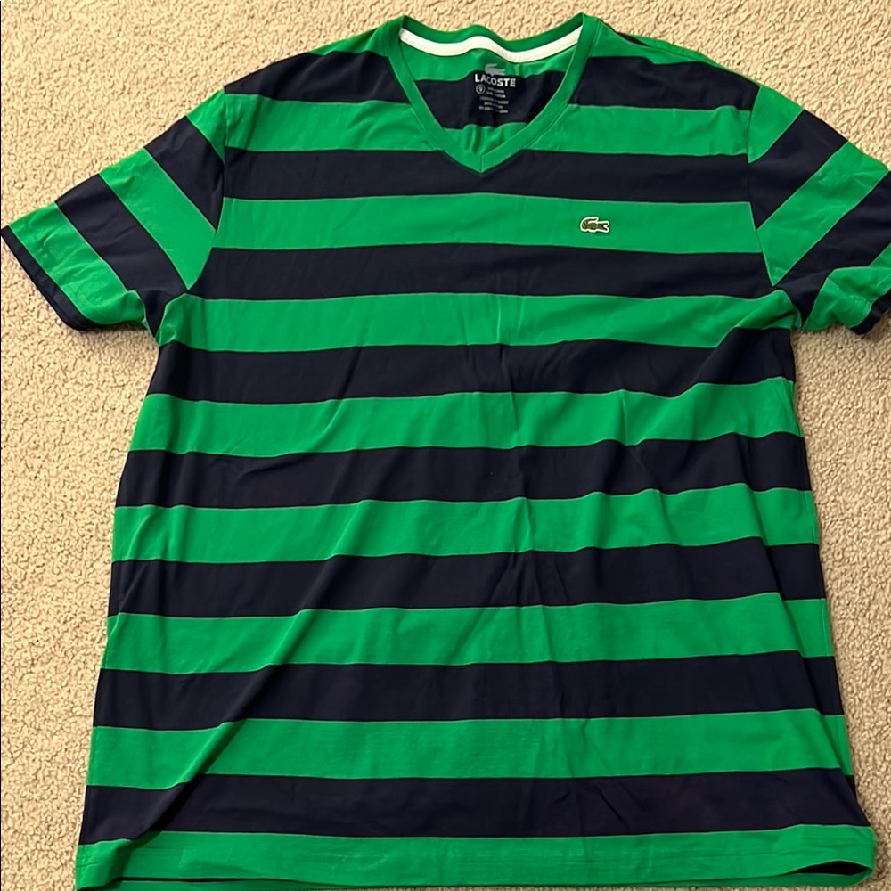 Lacoste Men's Green and Navy Striped Shirt